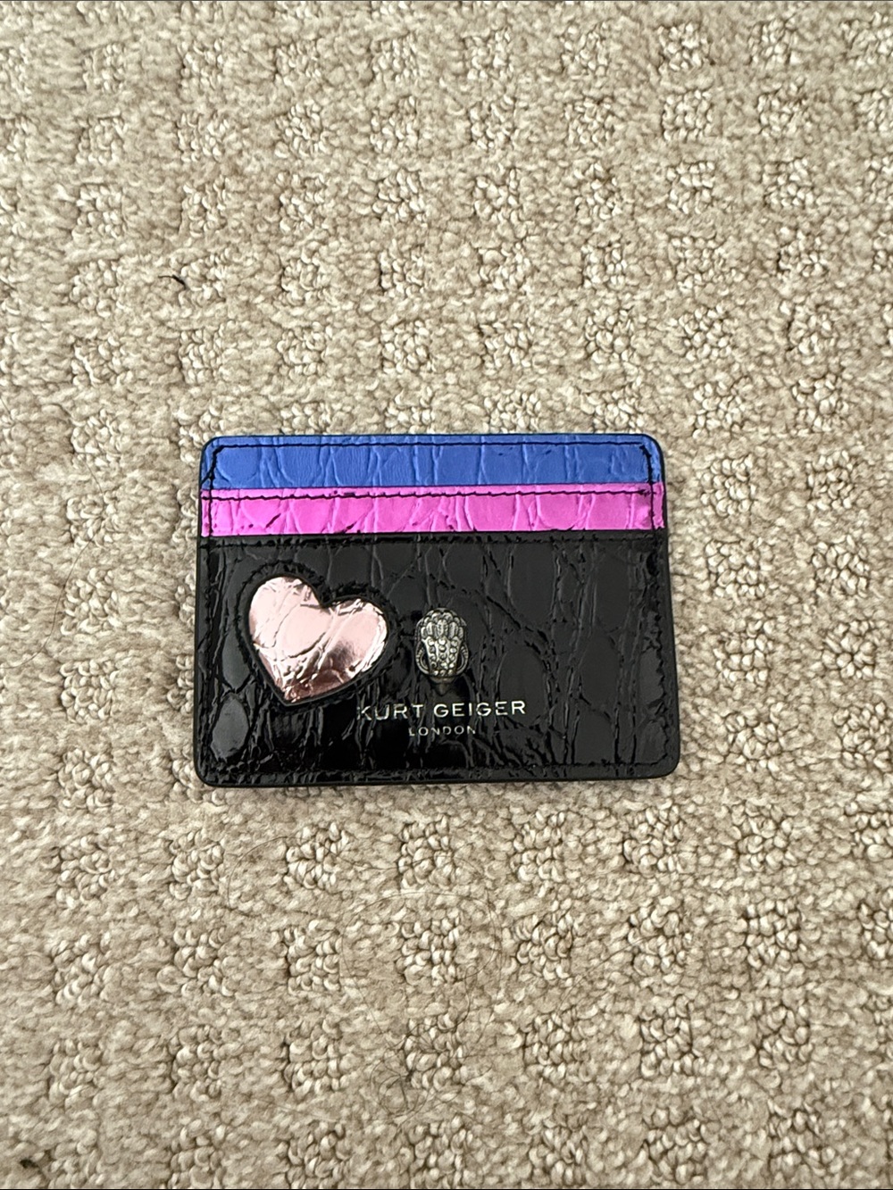 Kurt Geiger Black Croc Card Holder with Pink Heart and Blue & Pink Stripe